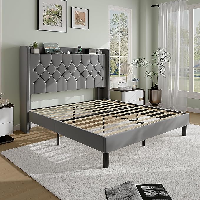 SHA CERLIN Queen Size Platform Bed Frame with Charging Station, Velvet Wingback Headboard with Storage Shelf, Wooden Slats Support, Ample Under-Bed Space, No Box Spring Needed, Easy Assembly, Grey