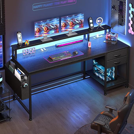 DurayLoly 55" Gaming Desk with RGB Lights & Power Outlets for Teens | Wireless Remote Full-Color Strip, Various Lighting Modes, Level Up Teens Gaming Vibe or Study for Protect Eyes In Bedroom