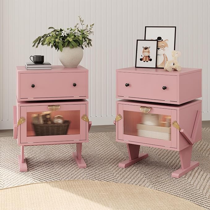 RoyalCraft Nightstand with LED Light Strips, Pink End Table with 360° Rotating Drawer, Modern Bedside Table with Glass Door Storage, Wood Night Stand Cabinet for Bedroom, Home Office, Pink