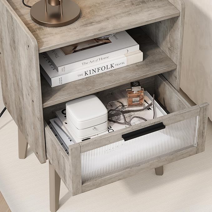 MMEOLUOOK Nightstand with Charging Station, Bedside Tables Oak Grey End Table Side Table with 2 Tiers Storage Space, for Bedroom Living Room MLBZ07GE