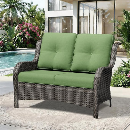 Wicker Patio Loveseat, 2 Seat Outdoor Couch with Thickened Olefin Cushions, High Back and Deep Seating, Hand-Woven PE Rattan for Porch, Deck, Balcony