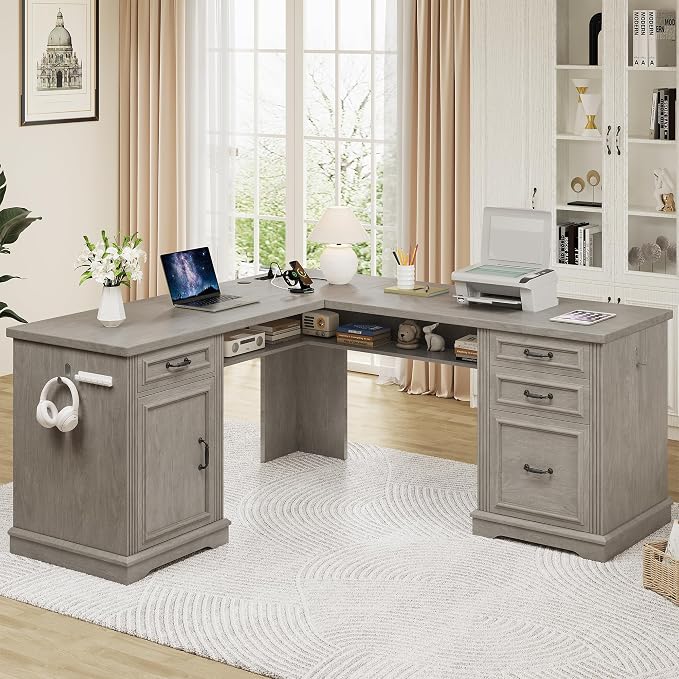 Farmhouse L Shaped Executive Desk with 4 Drawers, Home Office Desk with Hidden Under-Desk Storage Shelf and Charging Station, File Cabinet Storage, Wood Corner Computer Desk for Work and Study(Grey)