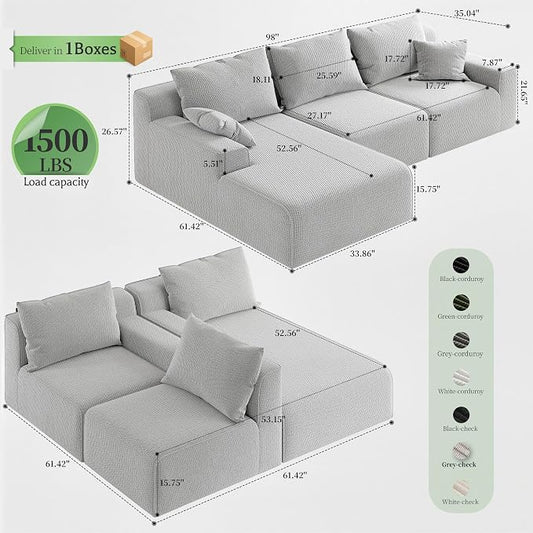 Homkdom 98" Boneless Modular Sectional Sofa, Cloud Couch with 27" Deep Seat & Oversized Chaise, L-Shaped High-Density Foam Sofa for Living Room, No Assembly Required (Grey-Check, Left Facing)