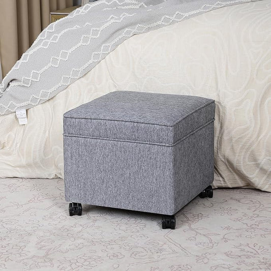 Adeco 17.5 Inch Square Storage Ottoman with Wheels, Modern Linen Upholstered Footrest Stool & Coffee Table with Flip Top Lid, Rolling Footstool for Living Room & Bedroom, Grey