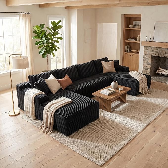 132" Oversized U-Shaped Cloud Sectional Couch Plush Corduroy Boneless Symmetrical Sofa, Front Facing Modular Compressed Boneless Sectional Sofa with Double Chaise Lounges