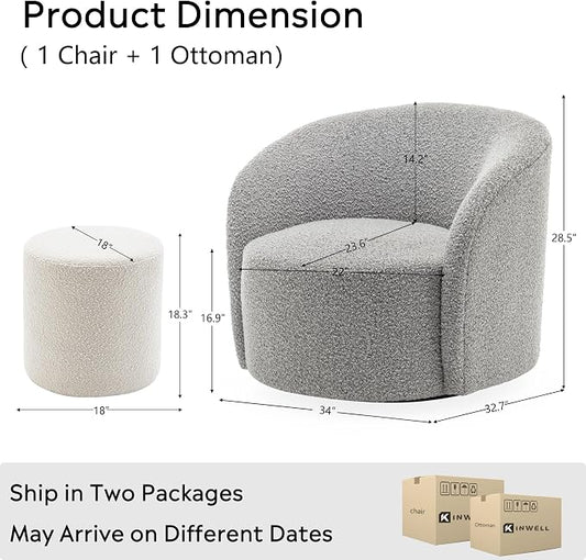 KINWELL 34" Boucle Swivel Barrel Chair with 18" Round Ottoman Set, Fully Assembled Set of Sherpa Accent Chair and Footrest, Modern Comfy Armchair and Footstool for Living Room and Bedroom, Black White