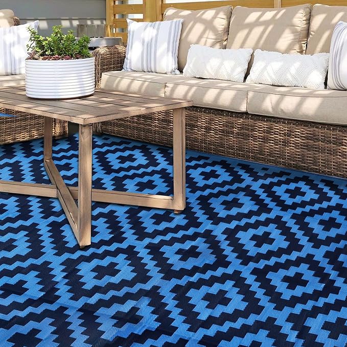 SAND MINE Waterproof Outdoor Rug 9x18 ft, Plastic Reversible Rug, Modern Area Rug, Large Floor Mat for Outdoors, RV, Patio, Backyard, Deck, Picnic, Beach, Camping, Blue