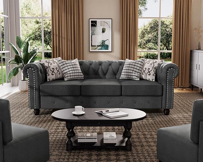 Morden Fort 2 Piece Classic Chesterfield 4-Seater Set, Tufted Chair & Sofa Furniture Solid Wood Legs Thick Cushion, Pet-Friendly Couch Set for Living Room Bedroom Apartment, Linen Grey