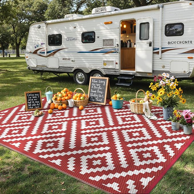 GENIMO Outdoor Rug for Patio Clearance, 8'x10' Reversible Plastic Straw Rugs, Lightweight Waterproof RV Camping Mat for Camper, Balcony, Deck, Backyard, Picnic, Red White
