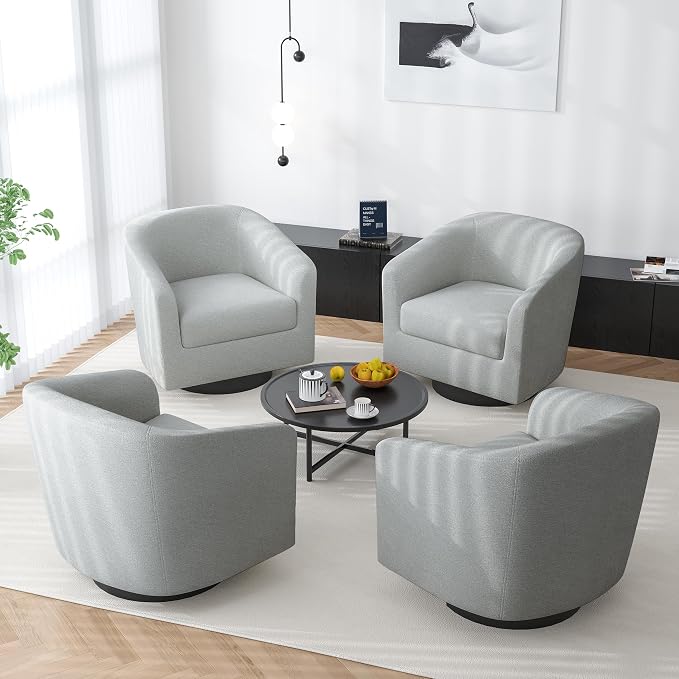 Swivel Barrel Accent Chair, Modern Round Chenille Fabric Arm Chair for Living Room, Bedroom, Comfy Club Reading Chairs for Adults(Chenille Fabric, Light Grey, Set of 2