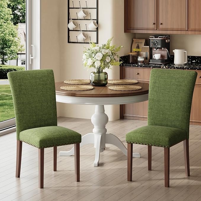 COLAMY Upholstered Parsons Dining Chairs Set of 6, Fabric Dining Room Kitchen Side Chair with Nailhead Trim and Wood Legs - Green