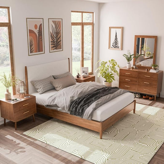 Furniture of America Wyatt Modern Solid Wood Bedroom Collection with Queen Bed Frame, Nightstands, Dresser with Mirror, No Box Spring Needed, Walnut, Boucle Platform, 5-Piece Set
