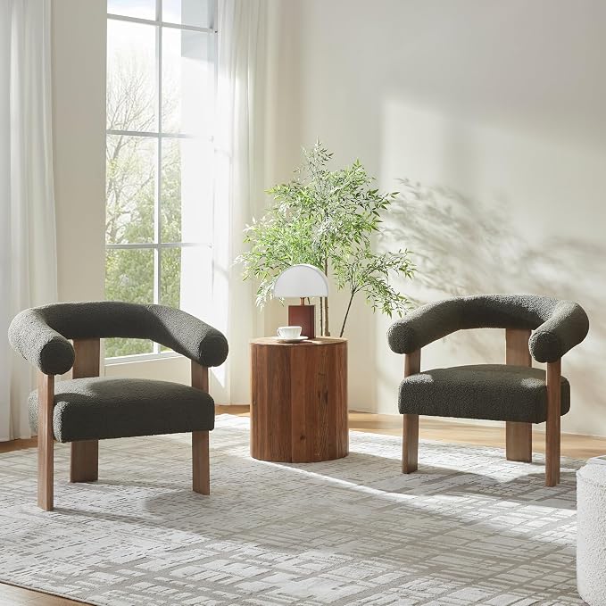 VKNOW Accent Chair Living Room Chairs Set of 2, Modern Upholstered Arm Chair with Solid Wood Legs, Comfy Barrel Accent Chairs for Living Room, Bedroom, Green
