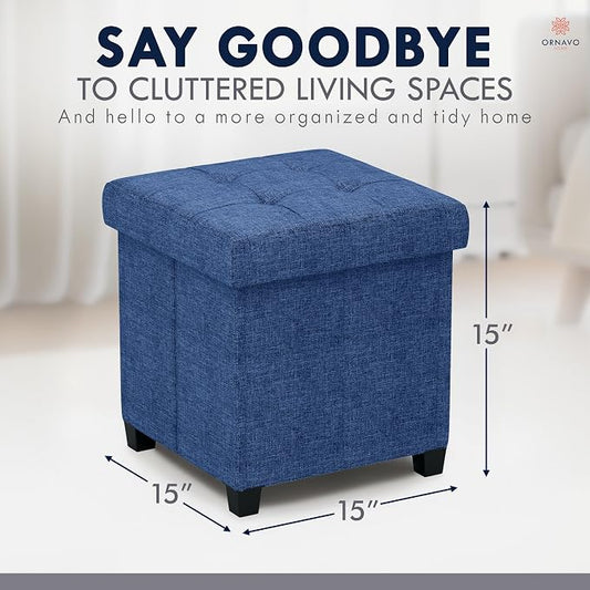 Ornavo Home Storage Ottoman with Legs, Square Cube Foot Rest Stool Seat, for Living Room, Bedroom, Home Office, Dorm - 15 x 15 x 15, Navy Blue