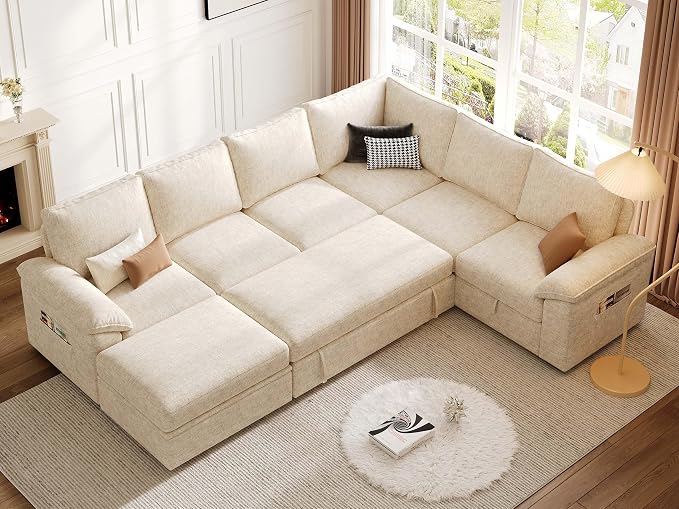108 Inch Modular Sectional Sofa with Pull Out Bed,U Shaped 7 Seat Sectional Sleeper Sofa with Storage,Sectional Couches for Living Room,Cloud Modular Couch,Removable Sofa Cover,Beige