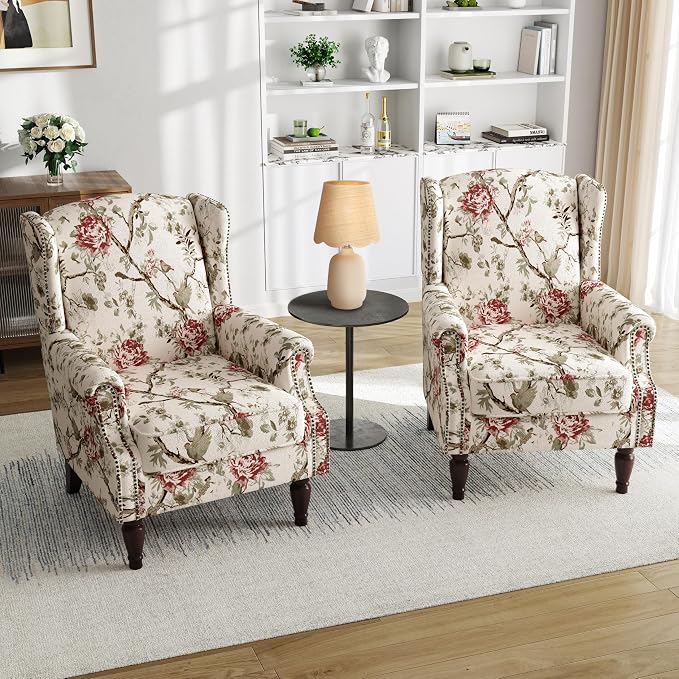 Pia Ricco Set of 2 Floral Accent Chairs, High Back Upholstered Armchairs with Retro Wingback Design, Nailhead Trim & Solid Wood Legs for Living Room Bedroom(Flower Beige)