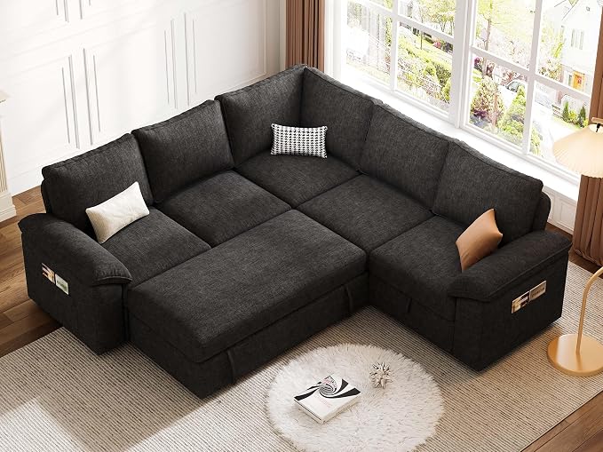 85 Inch Modular Sectional Sofa with Pull Out Bed, L Shaped 5 Seat Sectional Sleeper Sofa with Storage, Sectional Couches for Living Room, Cloud Modular Couch,Removable Sofa Cover, Black