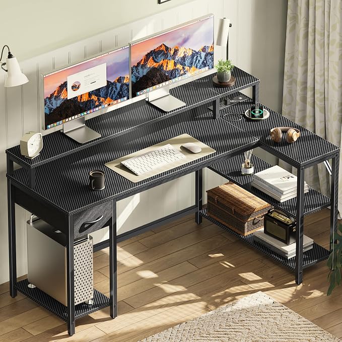SUPERJARE 53 inch Reversible L Shaped Desk with LED Lights & Power Outlets, Computer Desk with Shelves & Monitor Stand, Gaming Desk with Drawer, Home Office Desk, Carbon Fiber Black