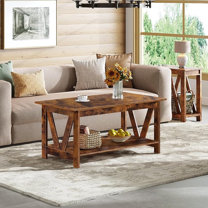 WLIVE Coffee Table with Storage Shelf, 39.4" Farmhouse Coffee Table with V-Frame Support, 2-Tier Wood Rustic Center Table for Living Room, Bedroom & Balcony, Rustic Brown