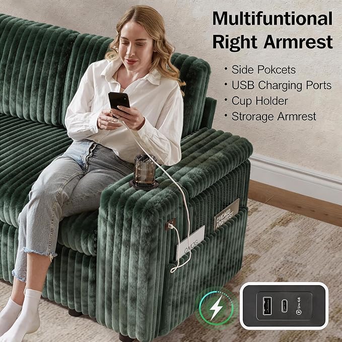 Vipbear 86" Modular Sectional Sleeper Sofa with Pull Out Bed, 3 Seat Plush Corduroy L Shaped Couch with Storage Chaise|USB Ports|Cup Holders|Side Table|Storage Armrests, Tool Free Assembly, Green