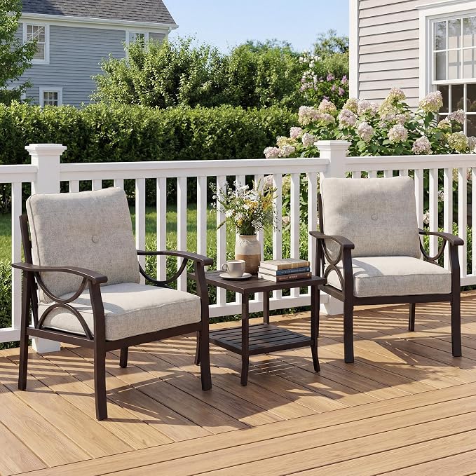 FansaFurn Outdoor Patio Furniture Set, 3 Pieces Metal Patio Conversation Set with Side Table for Porch Backyard Garden, Khaki