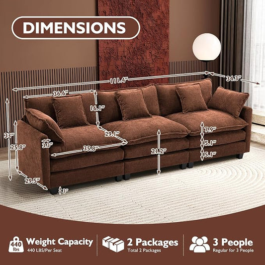 Ihanherry 111.4 Inch 3-Seater Cloud Sofa, Modular Sectional Couch, Modern Deep Seat Sofa for Living Room, Comfy Double Layer Upholstered Seat Cushion, Breathable Chenille Fabric, Brick Red