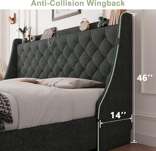 Feonase King Size Bed Frame with 4 Storage Drawers, Upholstered Storage Bed with Charging Station, Tufted Wingback Headboard, No Box Spring Needed, Dark Grey