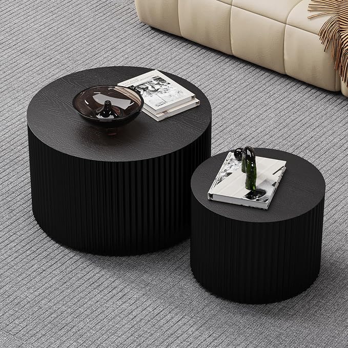 Round Nesting Coffee Table Modern Fluted Coffee Table Set of 2 Stripe Round Coffee Tables Circle Drum Coffee Tables Side Table Accent End Table for Living Room (Black Small)