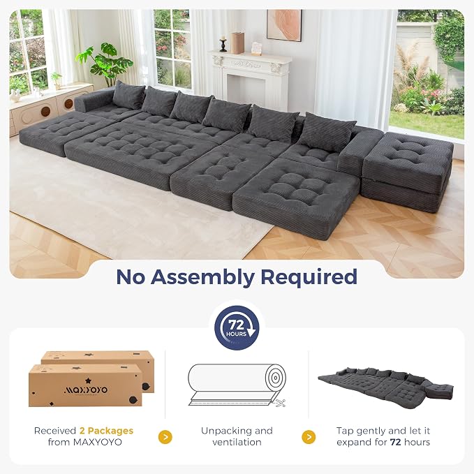 MAXYOYO Modular Sectional Sofa Couch, Foldable U Shaped Cloud Couch with Pillows, Tufted 7-Seat Boneless Lounger Floor Sofa Bed for Living Room, No Assembly Required, Dark Grey