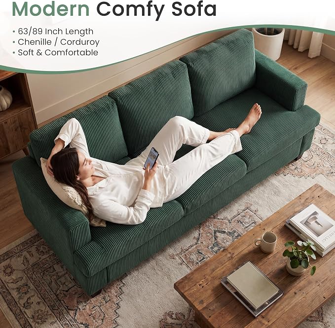 YOUDENOVA 2 Piece Set Comfy Sofa Couch, Loveseat Sofa * 2 with Deep Seats, Modern Sleeper Couch for Living Room, Green Corduroy