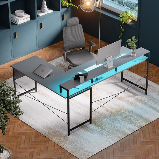 Pamray 64 Inch L Shaped Gaming Desk with Power Outlets and Led Lights, Large Corner Computer Desk with Monitor Stand and Pegboard, PC Table for Home Office and Bedroom Grey