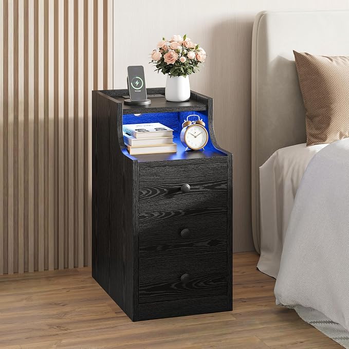 LIKIMIO Narrow Nightstand with Charging Station and LED Lights, Modern Night Stand, End Table with 3 Drawers, Open Shelf, Side Table for Living Room/Bedroom, Black