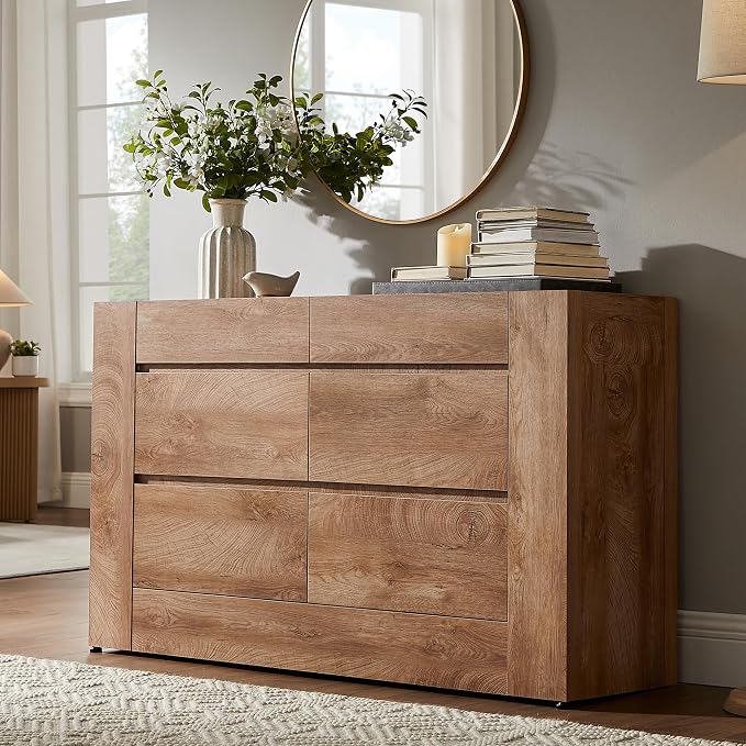 OKD 6 Drawer Dresser for Bedroom, 54" Wide Chest of Drawers with Thick Wood Design, Handleless, Modern Bedroom Dresser, Storage Organizer for Living Room/Entryway/Hallway, Light Knotty Wood