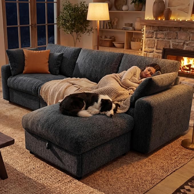 Ihanherry Cloud Sectional Couches for Living Room, 110" Large Modular Sectional Sofa with Wide Deep Seat, L Shaped Couch with Throw Pillow and Storage Ottoman, Dark Grey