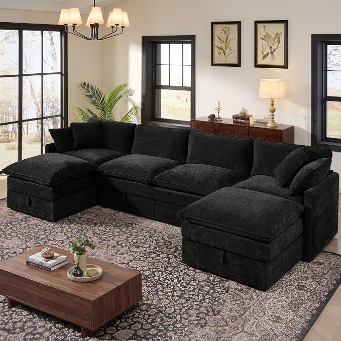 Ihanherry 135” Modular Sectional Sofa with Storage, U Shaped Cloud Couch with Movable Ottomans & 4 Pillows, Chenille Deep Seat Sectional Couches for Living Room, Apartment (Black)