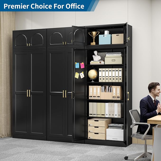 86" Tall Metal Kitchen Pantry Storage Cabinet with Doors | Extra Large Heavy Duty Steel Cabinet, 4 Adjustable Shelves, Easy-Access Gold Handles, Black, 2 Packages, Home Office