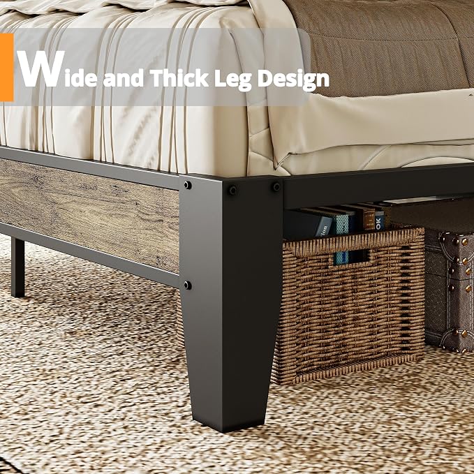 LIKIMIO King Bed Frame, Storage Headboard with Charging Station, Solid and Stable, Noise Free, No Box Spring Needed, Easy Assembly (Walnut and Beige)