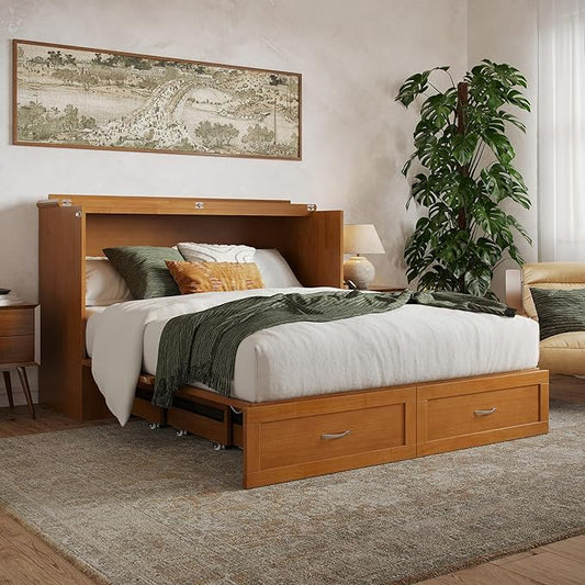 AFI Hamilton Queen Murphy Bed Chest with Mattress, Storage, and Built-in Charger in Light Toffee