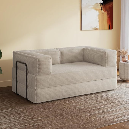 WLIVE 71'' Futon Sofa Bed, Convertible Sleeper Sofa, Folding Pull Out Couch Boneless Mattress with Fixed Frame, Corduroy, with Storage Pocket, Beige