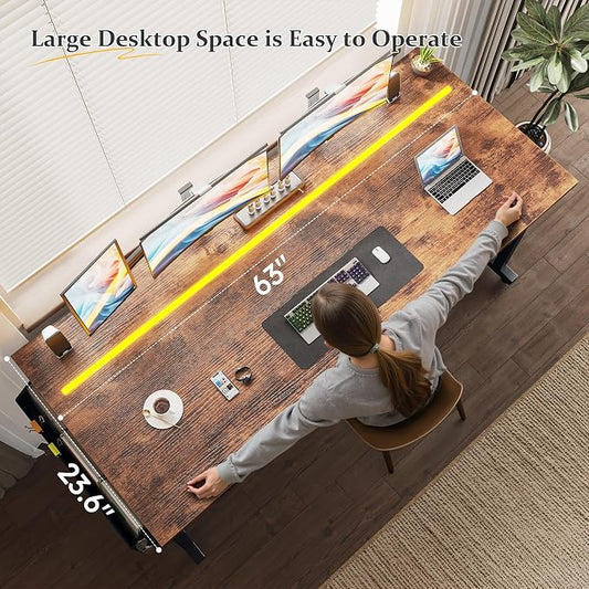 DurayLoly 63" Home Office Desk with LED Lights,Computer Desk for 2 Monitors or 2 laptops,Spacious Under-Desktop for Study Writing Work Gaming Desk,Sturdy Metal Frame,Bedroom,Rustic Brown