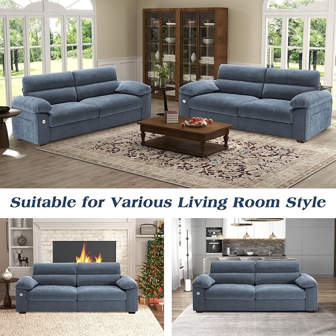 WorthFurni Sofas for Living Room, Chenille Pillow-Armrest Loveseat Couch Set, Small Sofa, 3 Seater Sofa, USB Charging, Removable Sofa Cover, Solid Wood Frame, Easy to Install (90.5 inch, Blue)