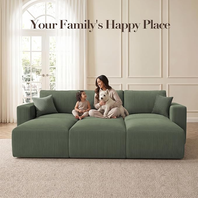 Modular Sectional Sofa Bed with Chaise, 115" Memory Foam Cloud Couch, Boneless Corduroy Upholstered Floor Couch, No Assembly Required Living Room Furniture for Apartment Home, Green