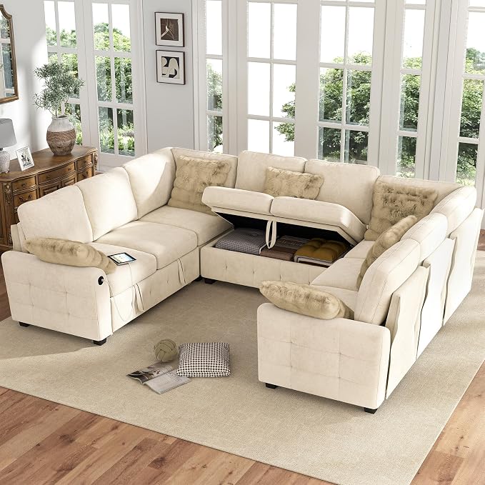 Hanherry Sectional Couch with Pull Out Sofa Bed,Chenille Sleeper Sofa with 2 Seat Storage & USB Charging,Comfy L Shaped Modular Couches for Living Room,Apartment