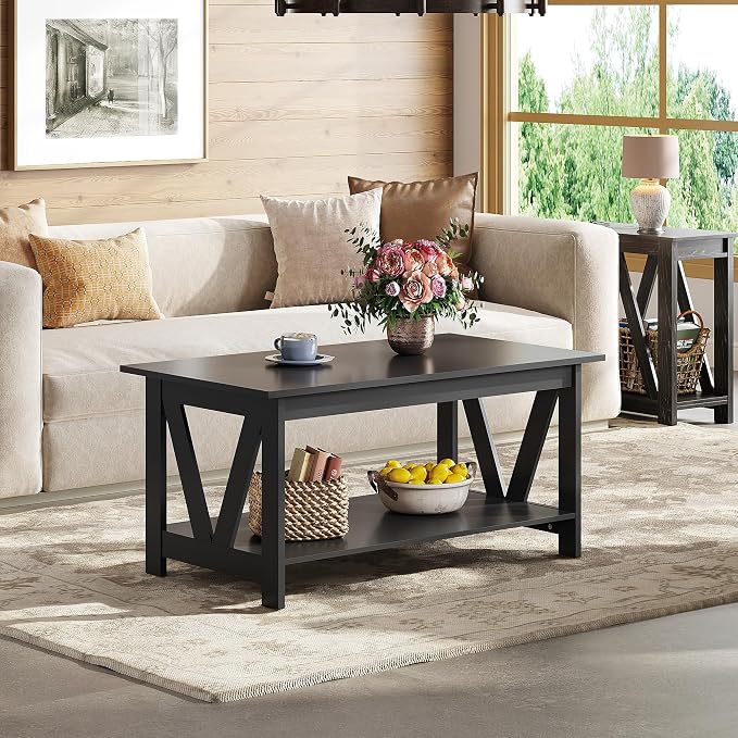 WLIVE Coffee Table with Storage Shelf, 39.4" Farmhouse Coffee Table with V-Frame Support, 2-Tier Wood Rustic Center Table for Living Room, Bedroom & Balcony, Black