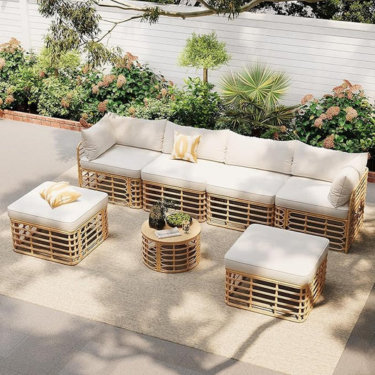 7 Pieces Outdoor Patio Furniture Sectional Sofa Set with Coffee Table, All-Weather Rattan Conversation Set with Thick Cushions and Pillows for Garden Backyard Balcony, Freely Combined (Beige-7S)