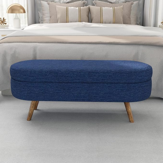 43.5" Ottoman with Storage, Storage Ottoman Bench with Safety Hinge, Foam End of Bed Bench, Upholstered Entryway Bench for Bedroom, Living Room & Window, Holds up to 330 lb, Blue