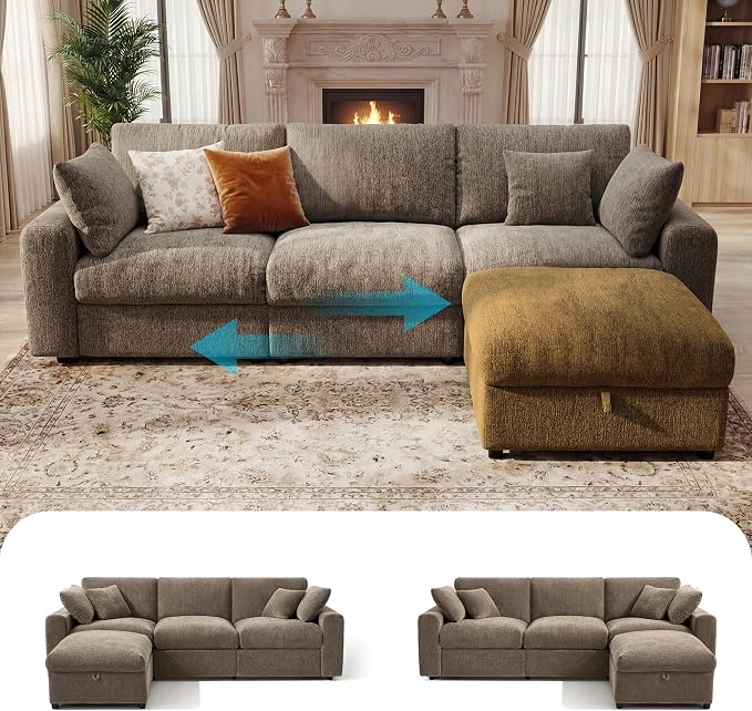 Ihanherry Cloud Sectional Couches for Living Room, 110" Large Modular Sectional Sofa with Wide Deep Seat, L Shaped Couch with Throw Pillow and Storage Ottoman, Brown