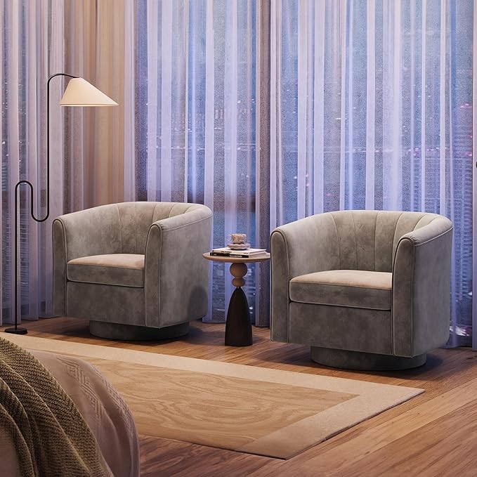 LINSY Swivel Accent Chair with Ottoman: Small Velvet Barrel Chair 360 Swivel Modern Armchair, Upholstered Reading Chair with Footrest for Living Room Bedroom Study Room (Grey)