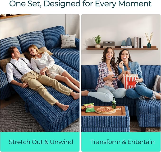 LINSY HOME Sectional Sleeper Sofa with Pull Out Couch Bed Convertible Plush Corduroy Cloud Couch with Storage Chaise & USB Charging, Comfy L Shaped Modular Couches for Living Room Apartment (Blue)