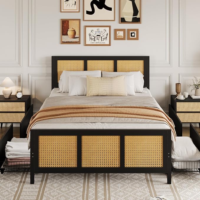 Garvee Rattan King Bed Frame with 4 Storage Drawers, Boho Cane Bed Frame with LED Headboard (7 Colors), Strong Metal Slats Support, Noise Free, No Box Spring Needed, Easy Assembly, Black